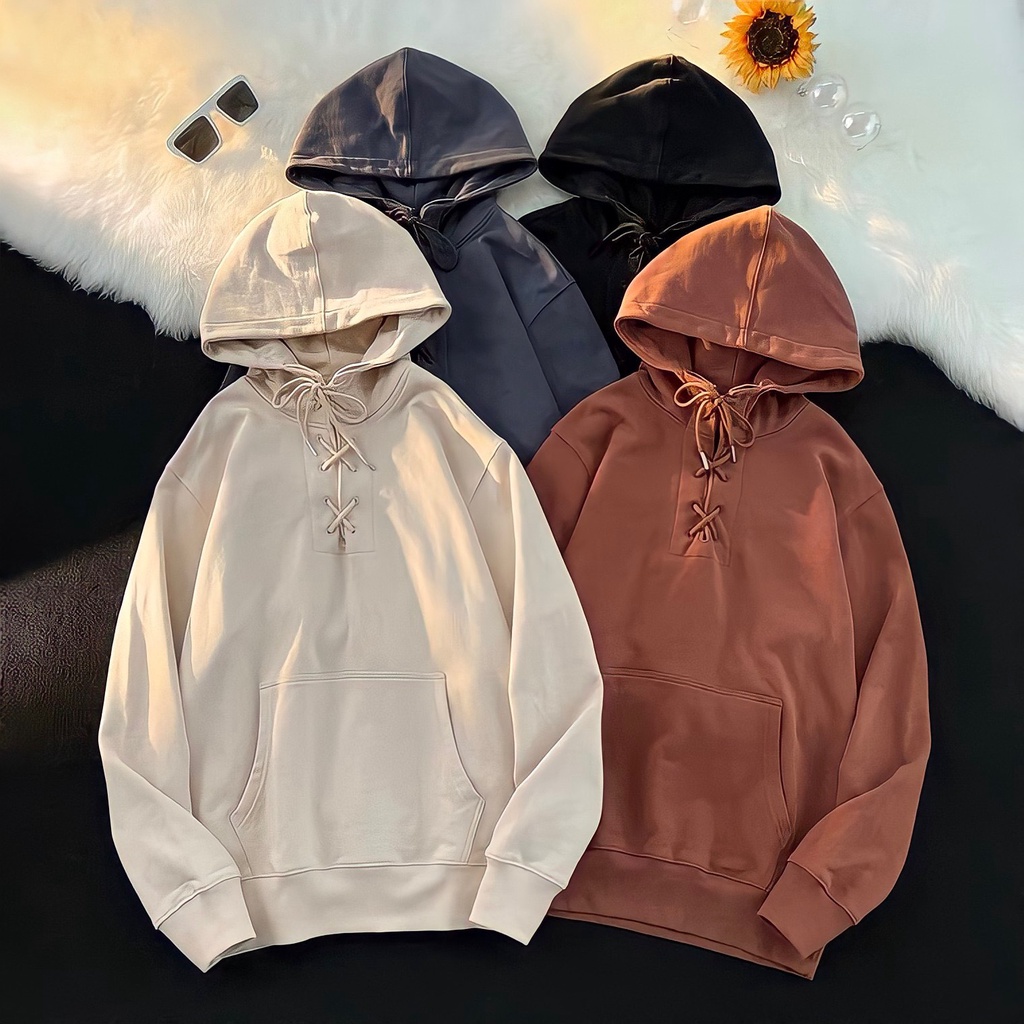 Áo Hoodie Nỉ Ngoại Unisex Dây Đan Mũ Rộng Dáng Thụng 3 Màu
