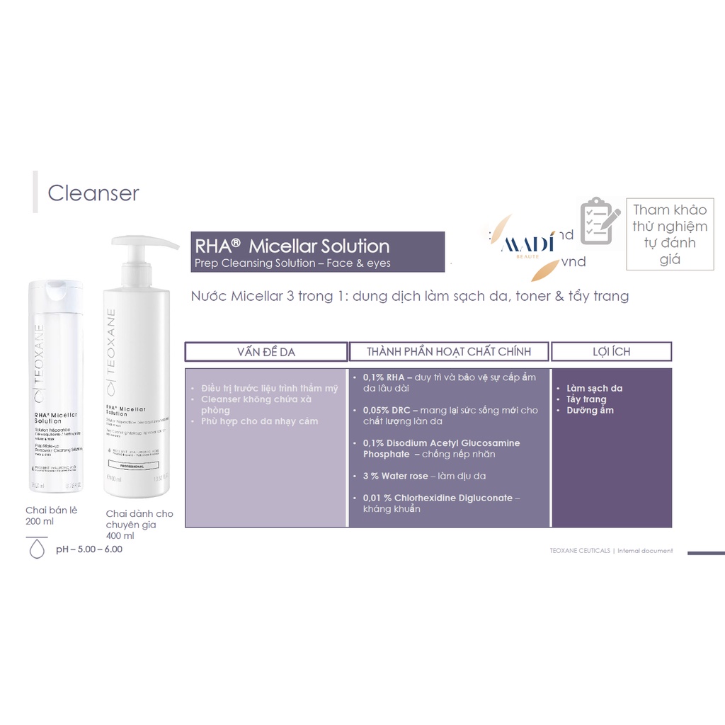 Nước Tẩy Trang 3 In 1, Sữa Rửa Mặt Chuyên Biệt, Teoxane RHA Micellar Solution 200ML, 400ML - Hàng Công Ty