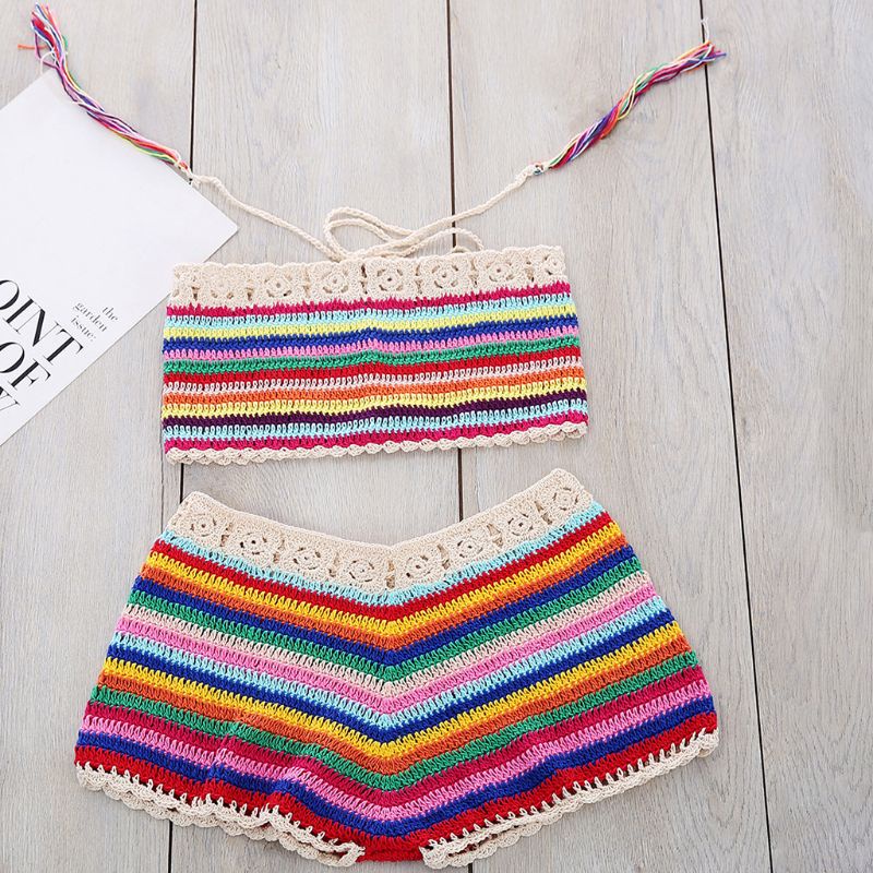 Bộ Bikini Dệt Kim Màu Cầu Vồng Thủ Công Phối Dây Rút Phong Cách Bohemian Quyến Rũ Cho Nữ