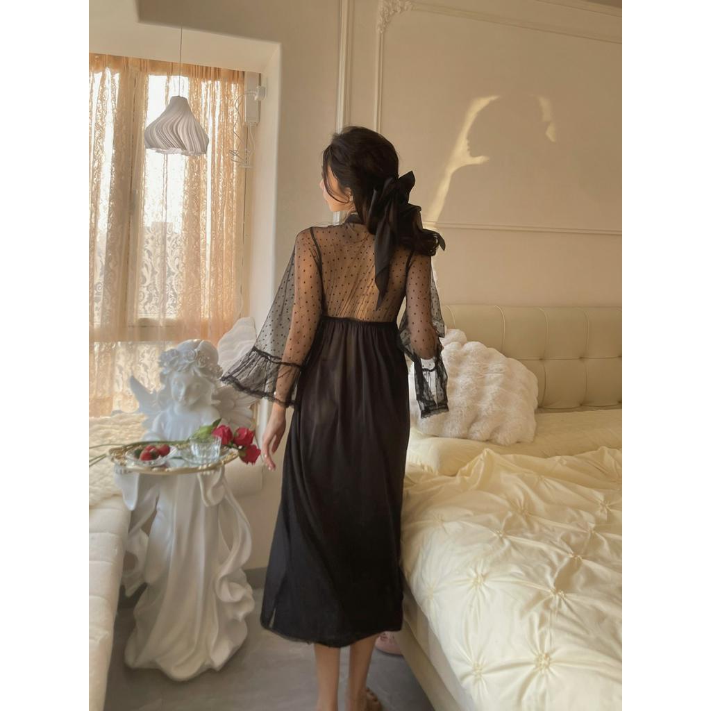 Đầm Ngủ Dáng Dài Có Mút Đệm Ngực Thiết Kế Ngọt Ngào Phong Cách Pháp Thời Trang Mới 2023 Cho Nữ