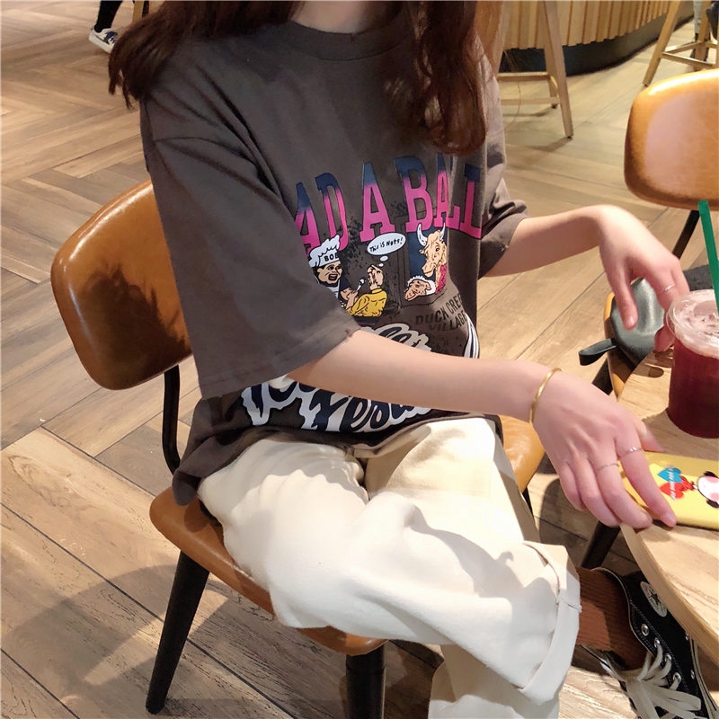 SUXI Áo thun tay ngắn cổ tròn hoạ tiết in phong cách Hàn Quốc