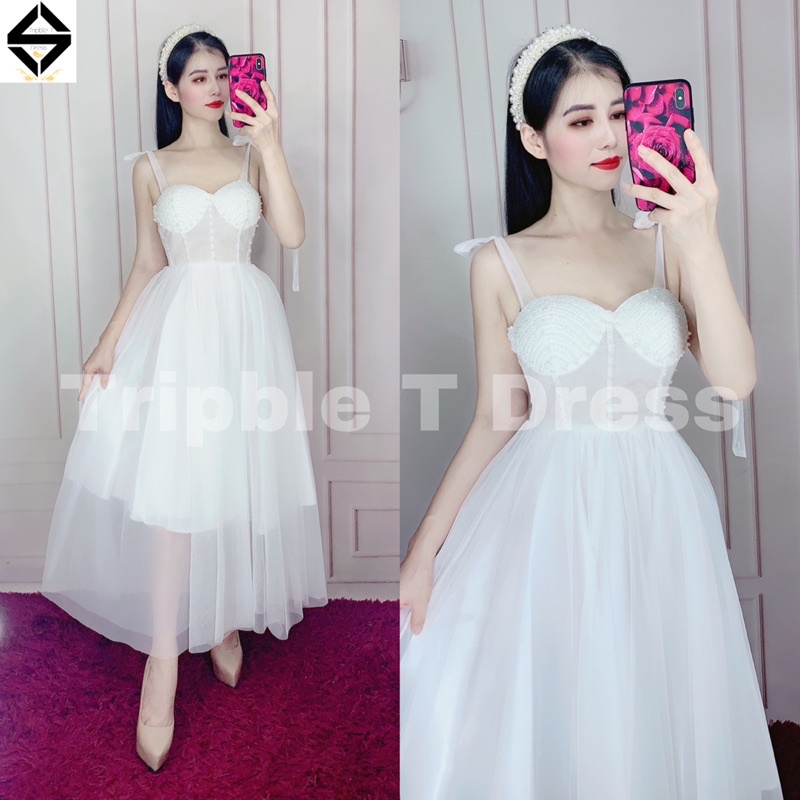 Đầm dự tiệc công chúa 2 dây thắt nơ vai kết cườm ngực TRIPBLE T DRESS -size M/L - MS278V
