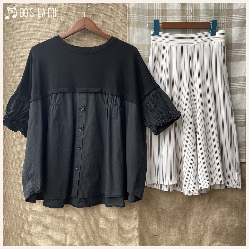 Combo Áo Babydoll Đen + Quần Culottes Trắng Sọc Đen | Secondhand | Đô Si La Mi | A117 |