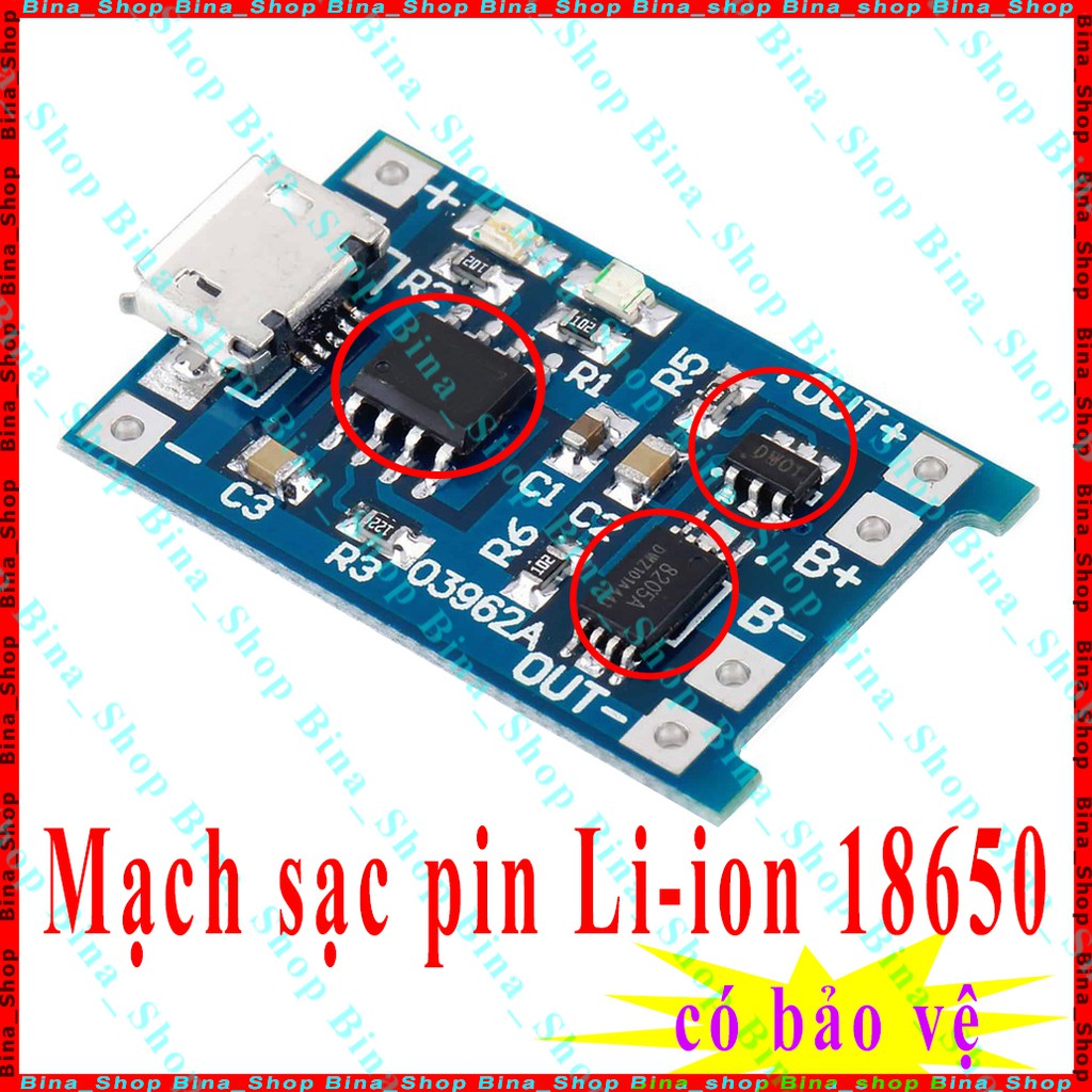 Mạch sạc pin 18650 có bảo vệ , Mạch sạc pin TP4056 / TC4056 (Cáp sạc mua riêng)