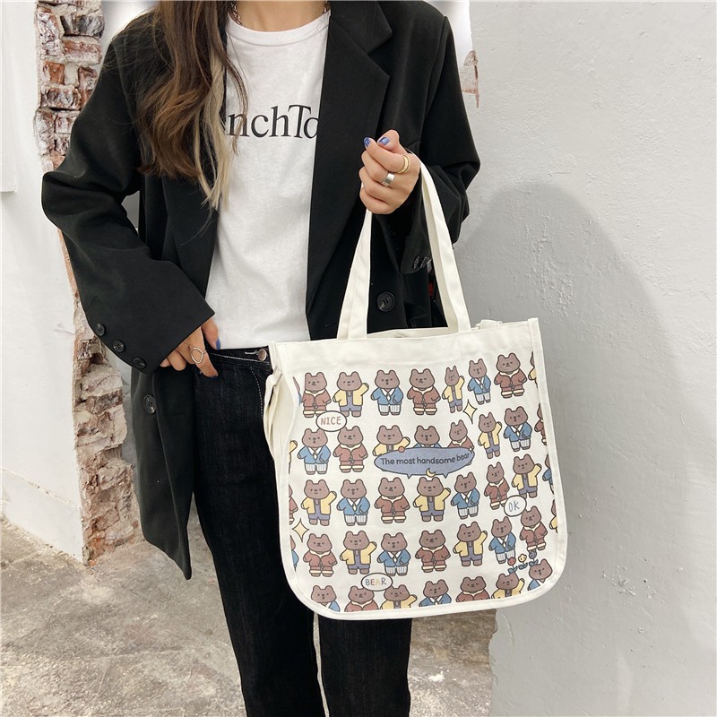 ẢNH TỰ CHỤP Túi tote túi vải canvas 2 quai đeo chéo hình gấu