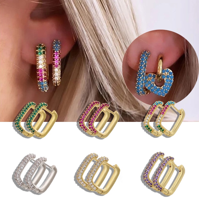 Khuyên Tai Tròn Màu Vàng Kim Đính Đá Zircon Màu Cầu Vồng Sang Trọng Y2K Dành Cho Thanh Thiếu Niên