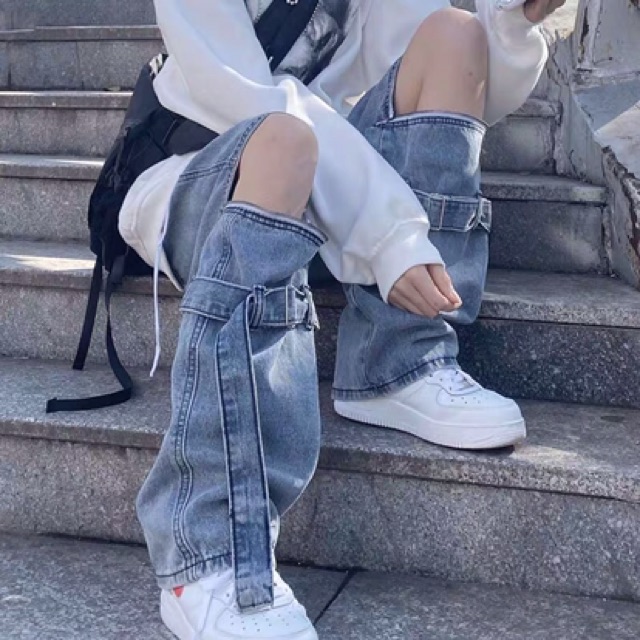 Quần jeans ống rộng unisex xẻ gối kéo khoá có thể tháo dời oversize Ulzzang siêu chất ❤️