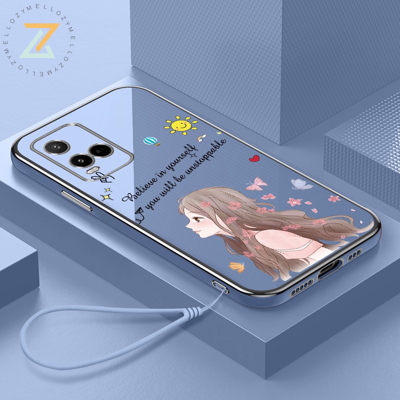 Ốp Điện Thoại Silicon Viền Thẳng Mạ Điện 6D Kèm Dây Đeo Cho Vivo Y22 Y22S Y35 Y02S V25E Y16 4G V25 5G Y21 V23 Y33S Y21S