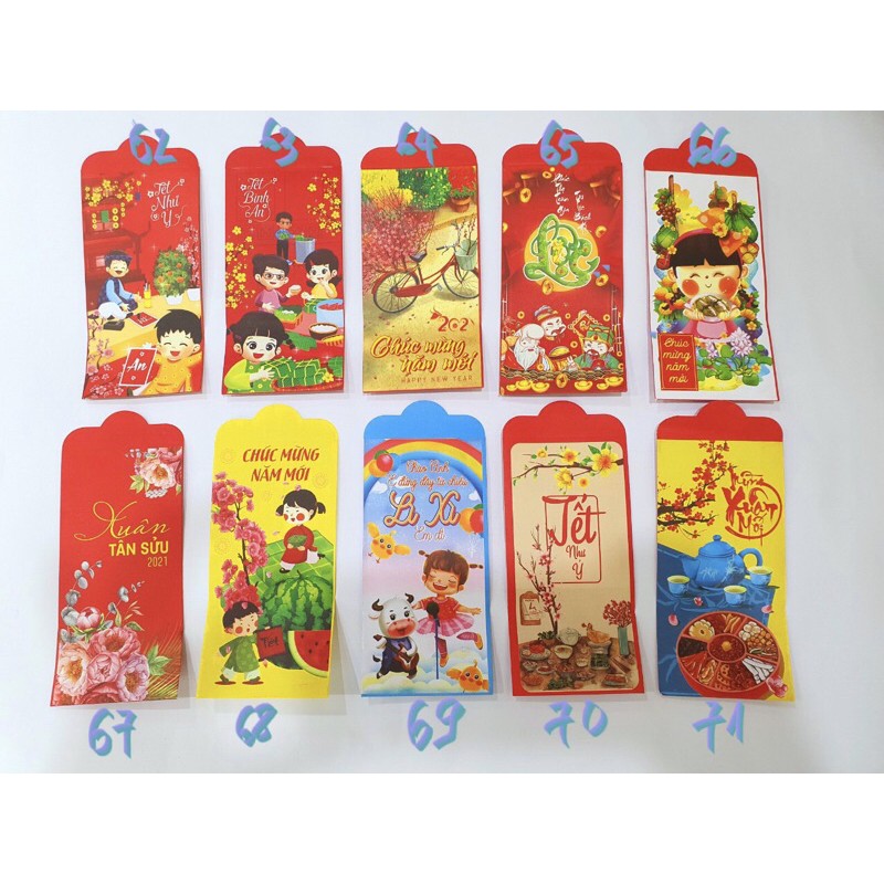 COMBO 10 bao lì xì Tết có kèm túi bóng kính - Hàng đẹp siêu dày dặn - Họa tiết ngẫu nhiên