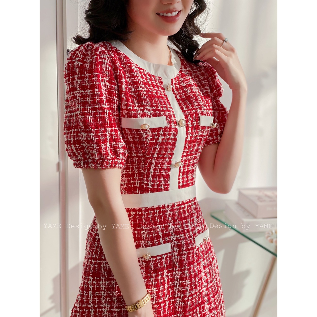 Váy dạ đỏ ngắn tay bo chun chiết eo đính cúc diện Tết cực xinh Chun Dress YAME LẤY TĂNG SIZE DO FORM NHỎ