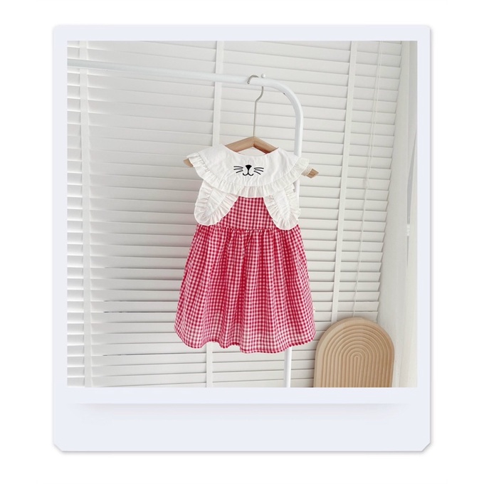 Váy hè sát nách caro tai thỏ chất thô cotton mỏng cho bé gái 0-5 tuổi