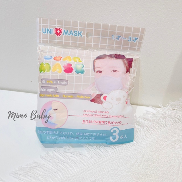 Khẩu trang 3D hình gấu đáng yêu Uni Mask ( set 3 chiếc) cho bé 1-3y M01 Mimo Baby