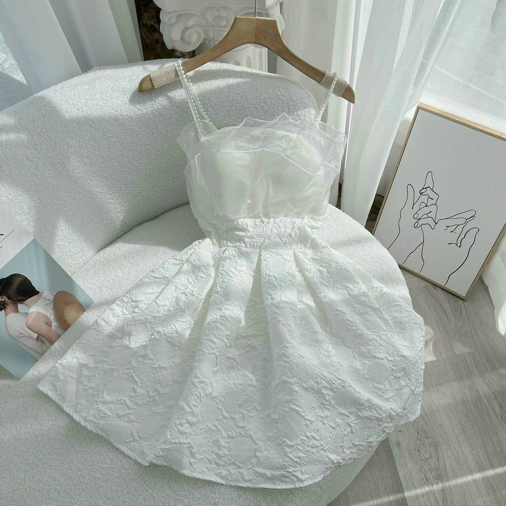 [8.8 Sales Freeship] Đầm gấm 2 dây voan bèo ngực, đầm gấm tiểu thư đi tiệc dây đính ngọc màu trắng đen sang trọng dx