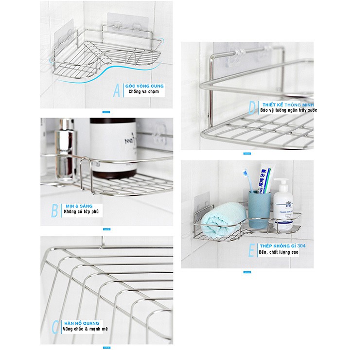 Kệ góc giá đựng để đồ inox 304 dán tường trong phòng bếp nhà tắm vệ sinh đa năng thông minh chống nước (28x28x7)cm HL4