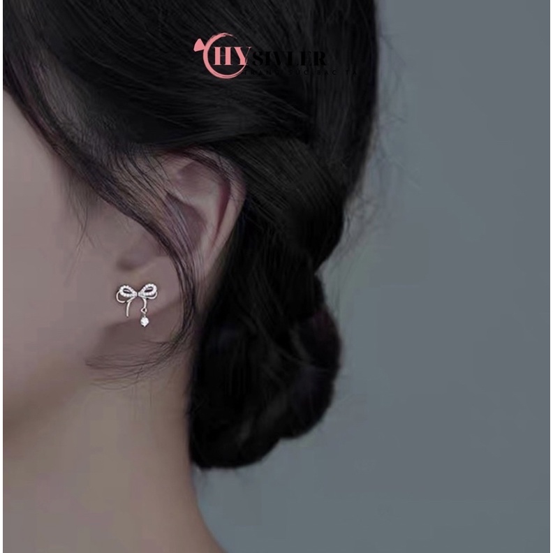 Bông tai bạc ta nơ kép nạm đá đính đá rơi nữ tính sang chảnh bông tai nữ bạc thật