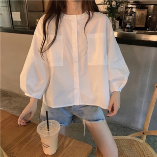 [SẴN] Áo sơ mi trắng form rộng cổ tròn tay bồng Ulzzang