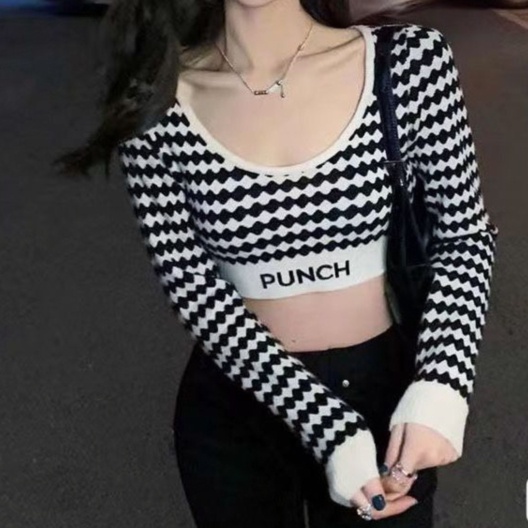 Áo Croptop Dệt Kim Tay Dài Dáng Ôm Phong Cách Hàn Quốc Mới