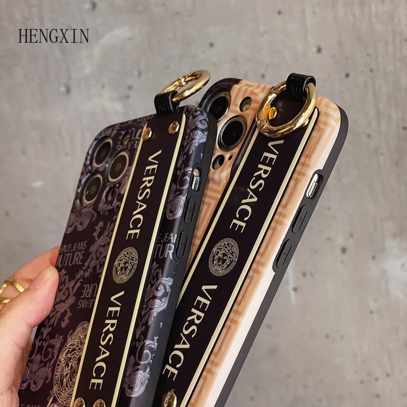 Trendy Versace Wrist Strap Holder Case for iPhone 1514 11 12 13 Pro Max Shockproof Silicone Protective Case