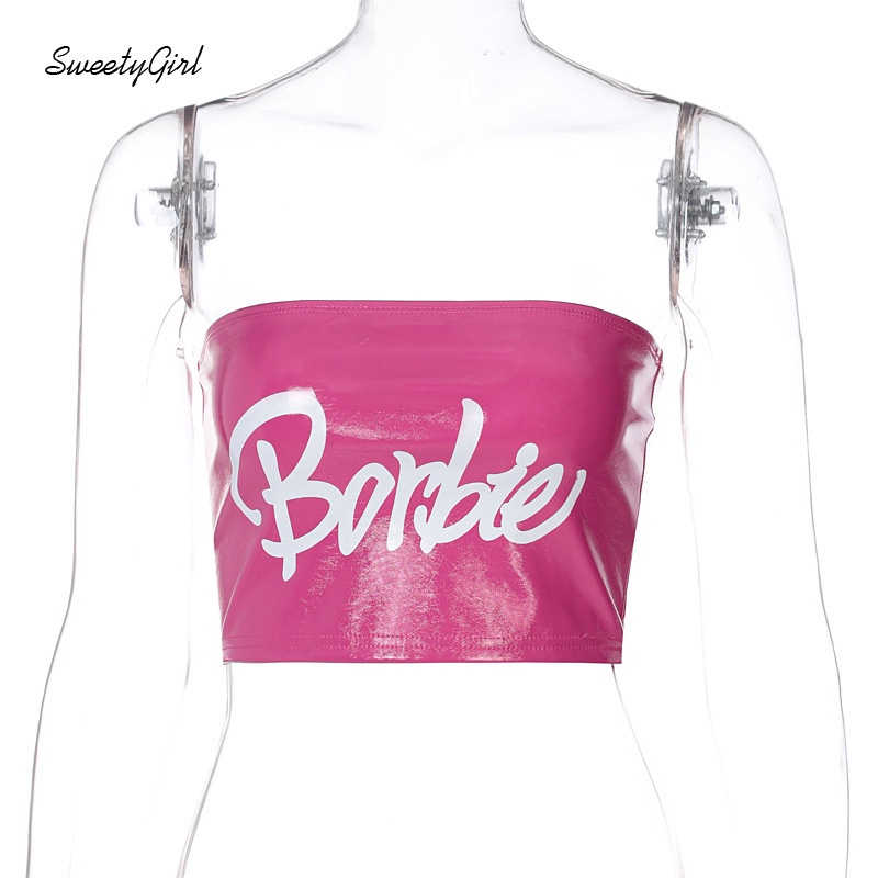 Áo Ống Ôm Sát Hở Vai In Chữ Màu Trắng Hồng Tương Phản Thời Trang 2022 Cho Nữ