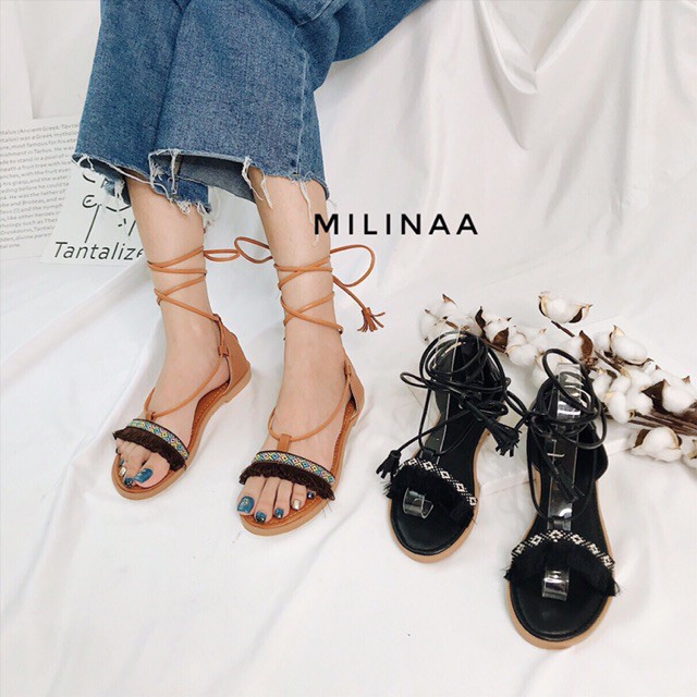 Giày sandal thổ cẩm buộc dây màu đen phong cách boho