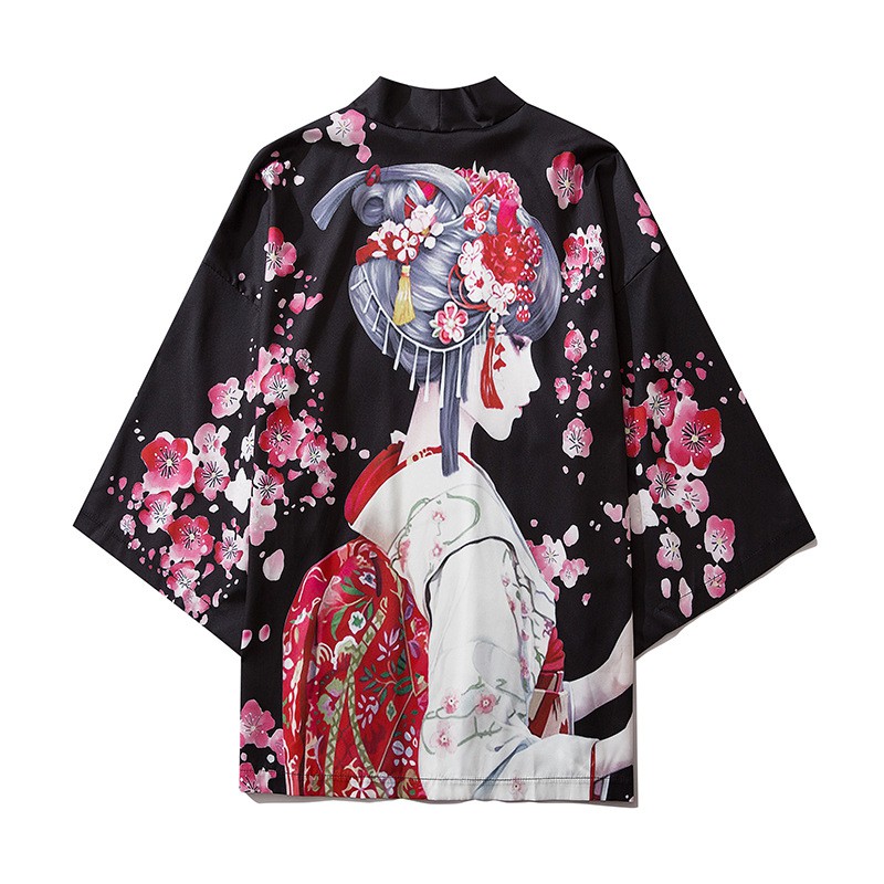 Áo khoác Kimono Haori phong cách Nhật Bản in hoạ tiết cô gái geisha chất lụa mềm mịn, thoáng mát dễ phối đồ giá rẻ