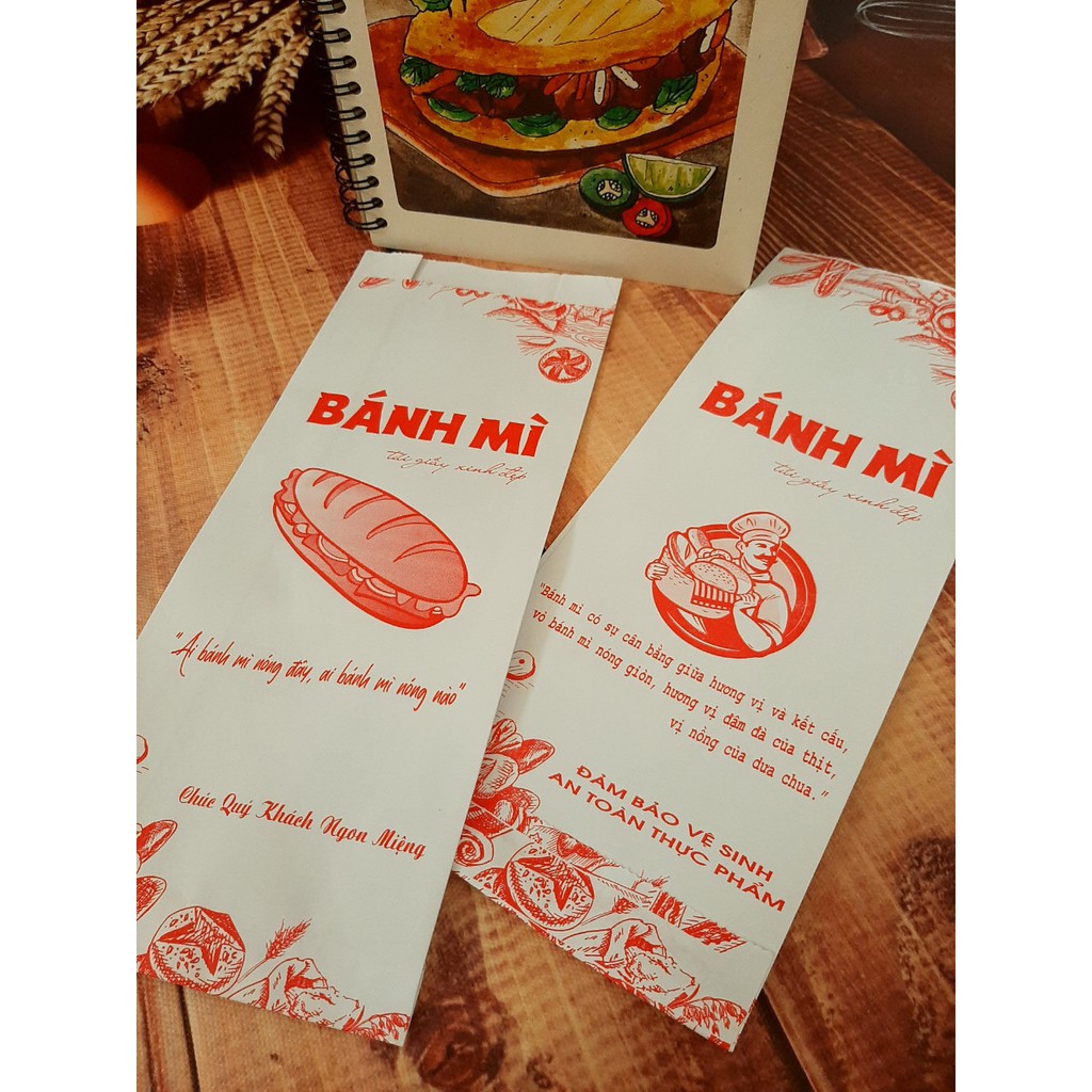 100 Túi Giấy Đựng Bánh Mì Thịt Họa Tiết Đỏ Size 24x10x4cm (Giấy Thực Phẩm Kraft)