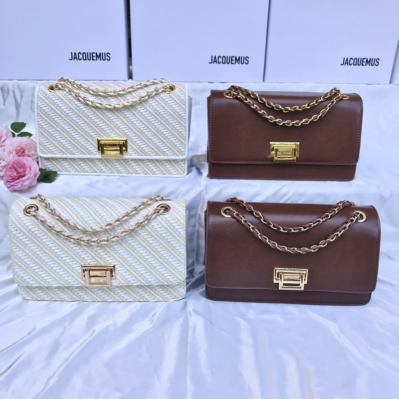 Túi Nữ khoá gạt Size 24 bản new màu nâu và màu ngà dạ tweed