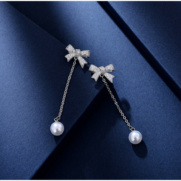 Bông tai nơ ngọc trắng dài xinh xắn cho nữ