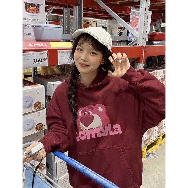 Áo Hoodie Nỉ Bông Dài Tay Túi Bụng To Gấu Dâu KOMYLA