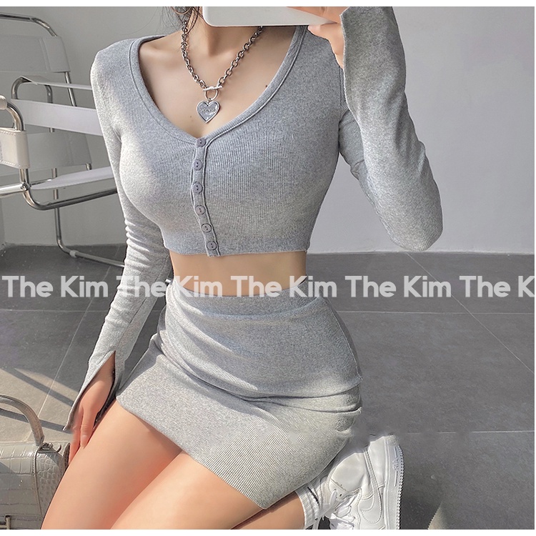 Bộ 2 món áo len tăm dài tay croptop cúc ngực - chân váy ngắn cạp cao , set len tăm ôm body sexy The Kim SV127 | BigBuy360 - bigbuy360.vn