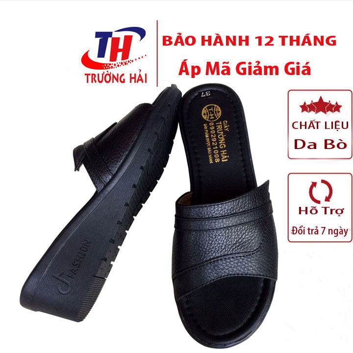 Dép nữ quai ngang da bò màu đen Trường Hải đế xuồng cao 5cm măt đế không trơn  QNN0262