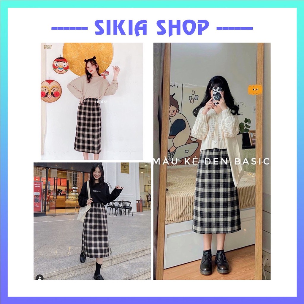 Chân Váy Dạ Kẻ Dài Qua Gối - Chân Váy Kẻ Caro Phong cách Hàn Quốc Sikia Shop
