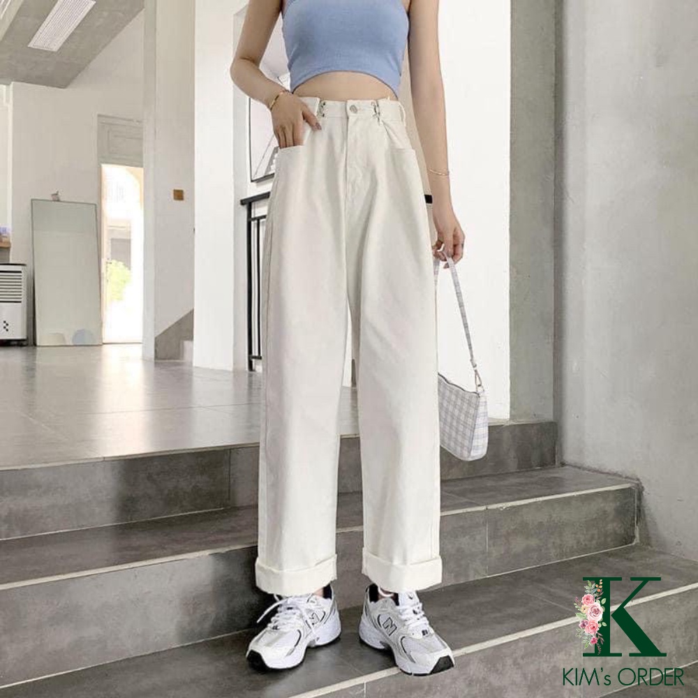 Quần jeans nữ phối khuy gài eo cạp cao ống suông rộng phong cách Ulzzang Hàn Quốc hai màu đen trắng basic chuẩn loại 1
