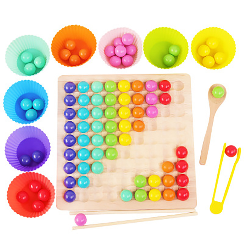 [rogoldVN]Rainbow Wooden Clip Go Game Set Dot Bead Board Game Toy Rainbow Clip Bead