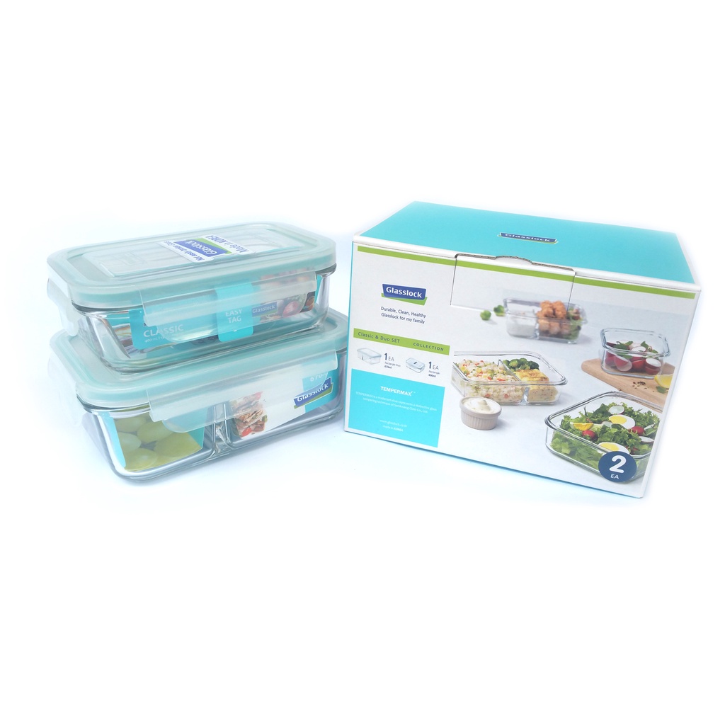 Bộ 2 hộp thủy tinh GLASSLOCK chữ nhật 400ml + chia ngăn 670ml GL1531