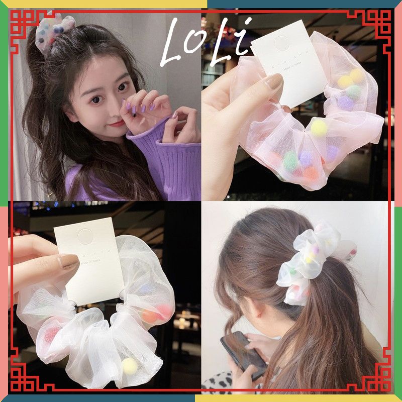 [Mã FAMARAL2 giảm 10K đơn 50K]Dây cột tóc scrunchies phối quả pom pom ulzzang