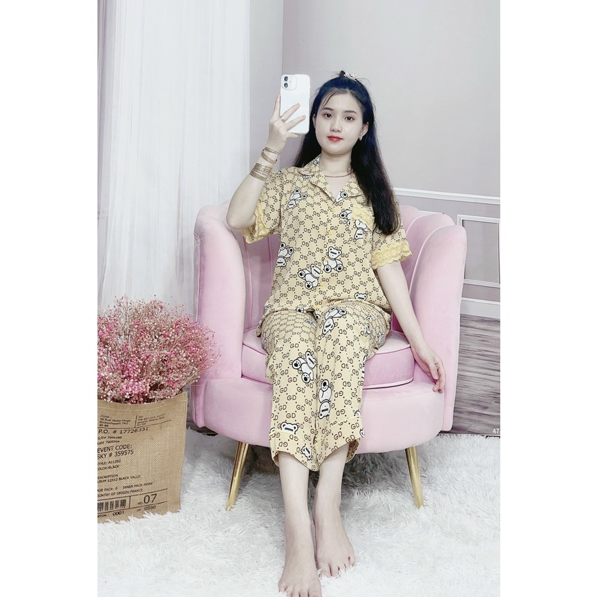 Bộ pijama lụa mango bigsize nữ cộc tay quần dài phối ren cute dễ thương phong cách hàn quốc BLD01