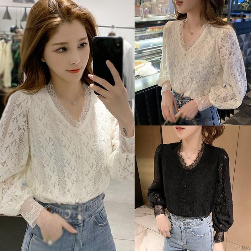 Áo kiểu tay dài cổ chữ V phối ren phong cách Hàn Quốc thời trang quyến rũ cho nữ