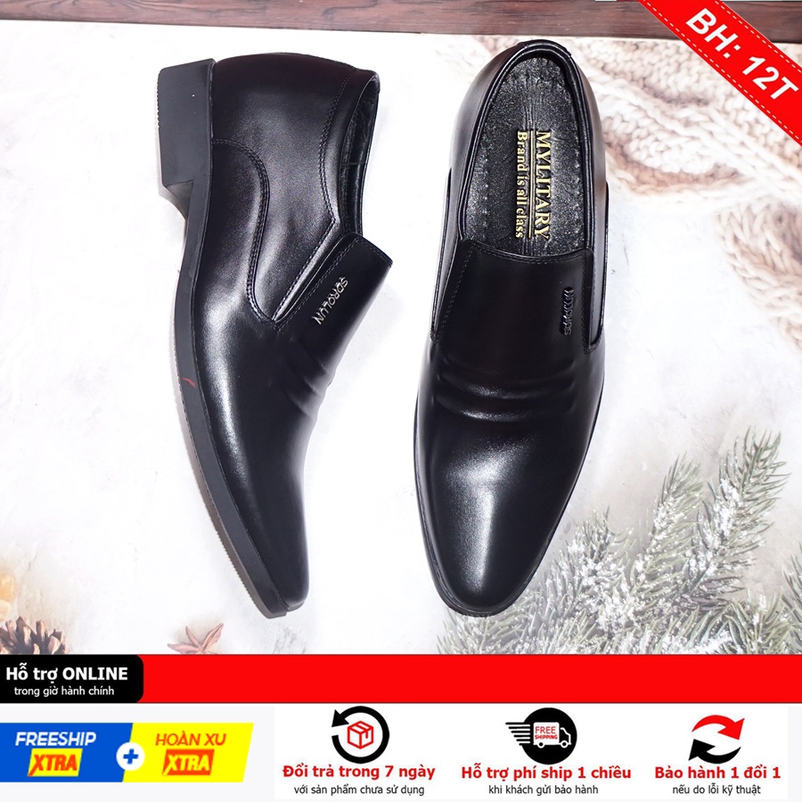 Giày nam đen trơn độn đế tăng chiều cao 7cm MYLITARY, giày tây công sở da bò thật hàng Việt Nam cao cấp SDROLUN