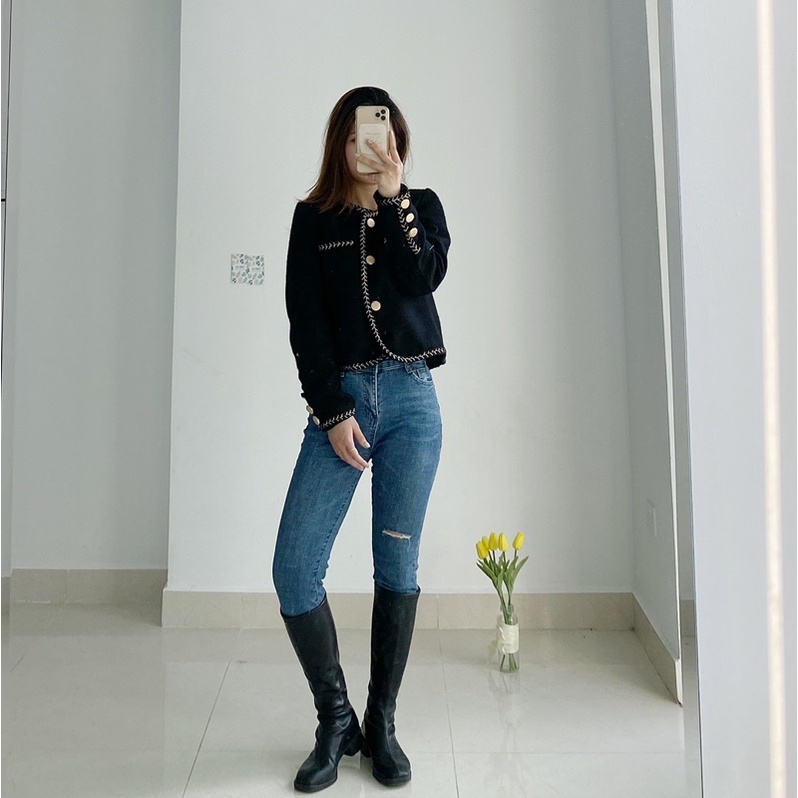 Áo Khoác dạ Tweed dáng ngắn thiết kế 3 khuy viền chỉ nổi, lên form tiểu thư hàng Quảng Châu