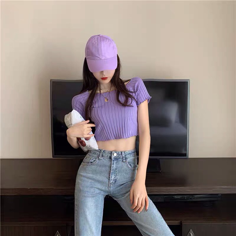 Áo dệt kim Croptop Kiểu Dệt Kim Ngắn Tay Ulzzang Sexy Phong Cách Hàn Quốc Xiaozhainv vn T2E3