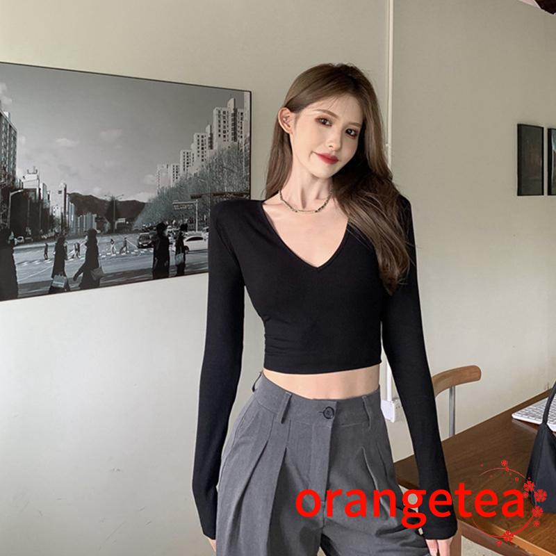 Áo Croptop Tay Dài Cổ Chữ V Màu Trơn Thiết Kế Ôm Sát Tôn Dáng