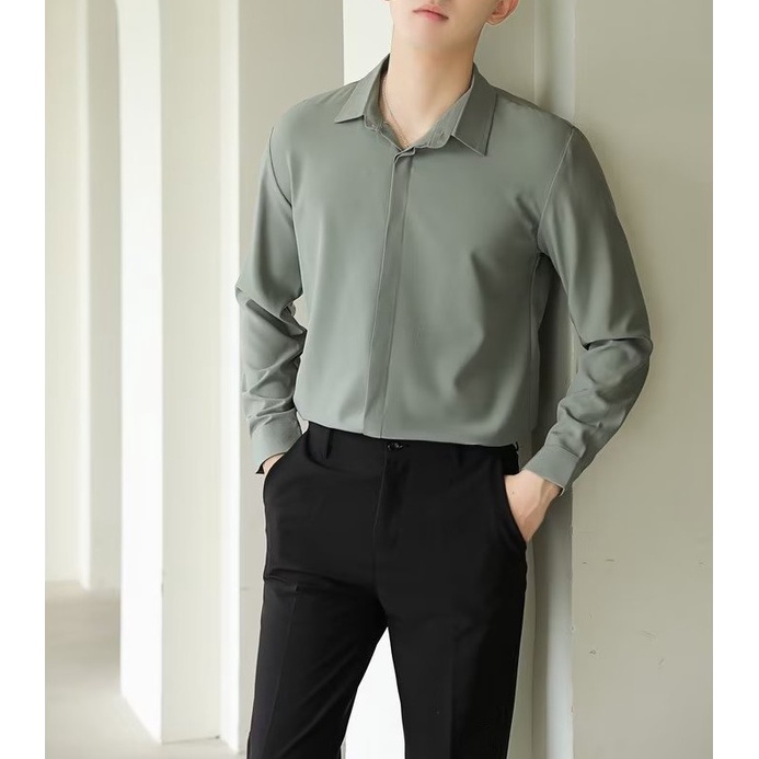Áo Sơ Mi Nam Dài Tay kiểu giấu cúc Đen Trắng Nâu Xanh Dáng Ôm Cổ Bẻ Hàn Quốc Vải Lụa Nến
