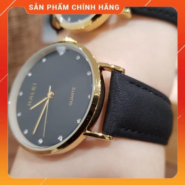 Hot!!! Đồng hồ đôi nam nữ Halei dây da đen mặt ngọc chính hãng Shop giá re