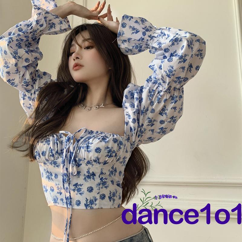 Áo Croptop dài tay họa tiết xinh xắn trẻ trung cho nữ