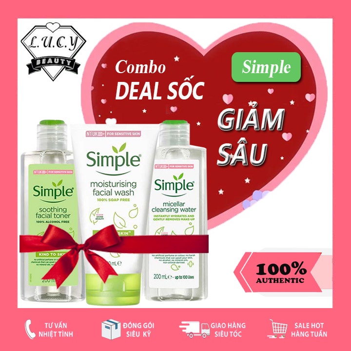 [COMBO SIMPLE] Bộ 3 Nước Tẩy Trang, Sữa Rửa Mặt Trắng, Toner Simple Dành Cho Da Khô Nhạy Cảm Chính Hãng 100%