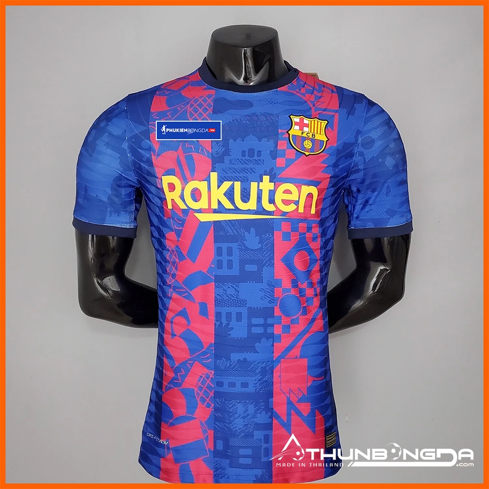Áo Barca sọc xanh hồng sân khách 2021/2022, 2021/22 mẫu 3 bản PLAYER Body Fit cao cấp (Thái Lan)