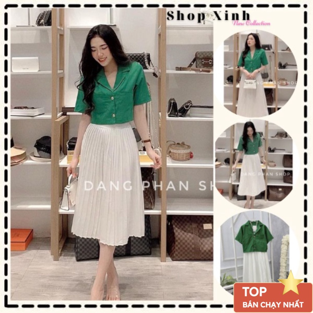 Bộ Đồ Nữ - Set áo sơ mi xanh lá cổ vest mix chân váy xếp li trắng dáng dài ngọt ngào 𝙎𝙝𝙤𝙥 𝙓𝙞𝙣𝙝