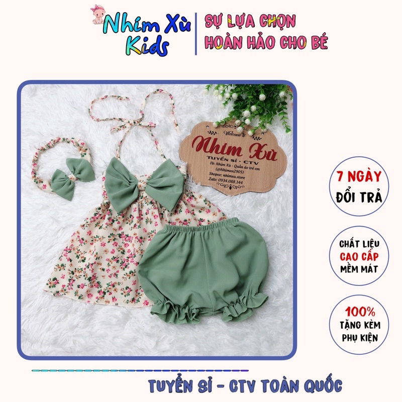 Sét Yếm Nơ Xanh 3 Chi Tiết Cho Bé Gái 3 Đến 16kg Chất Lụa Hàng Châu [A071]