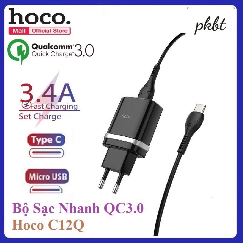 ✔HÀNG CHÍNH HÃNG ✔Bộ cốc sạc nhanh và cáp sạc Hoco C12Q cổng Type-C hỗ trợ QC3.0 3A 18W -Bộ sạc cho samsung Oppo huawie